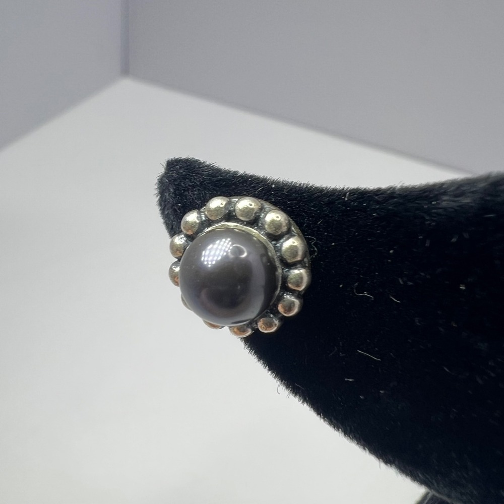 Vintage Hematite Stud Earrings 925 Sterling Silver Beaded Halo Minimalist Dark